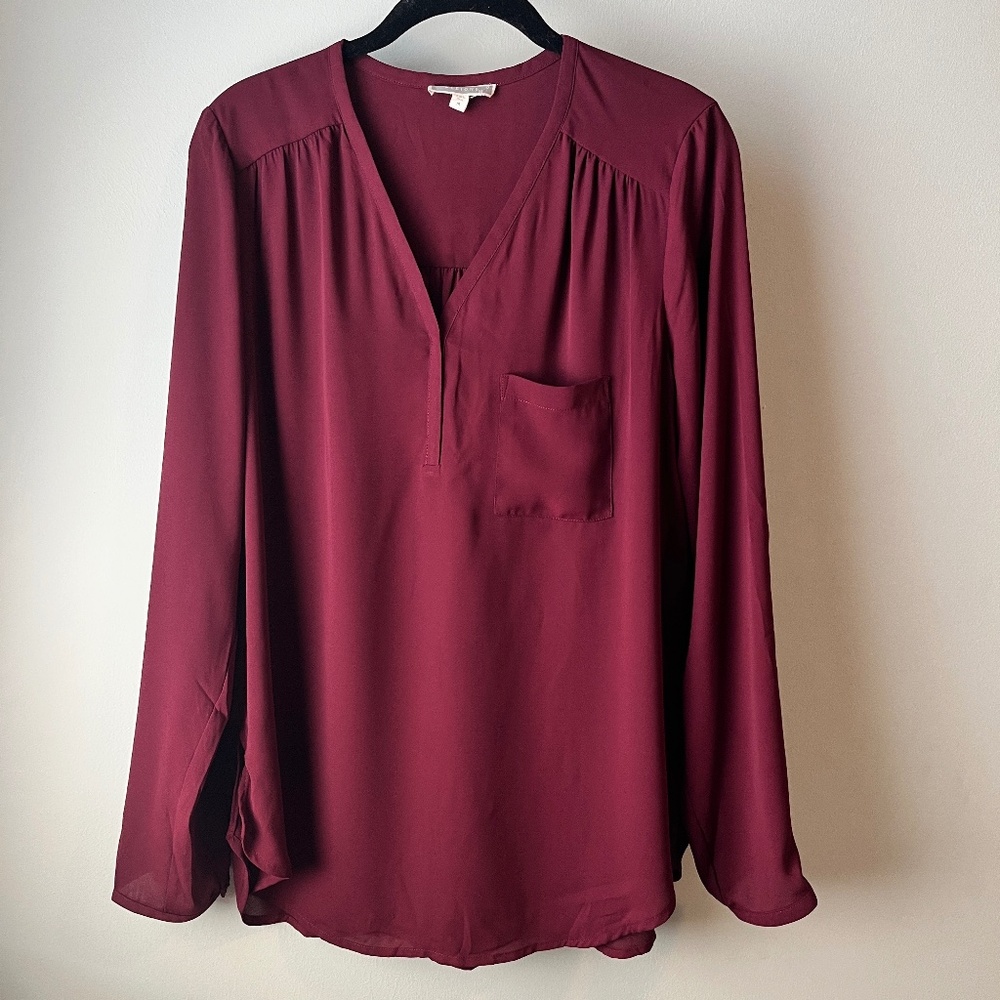 Pleione Long Sleeve Burgundy V-Neck Blouse Medium